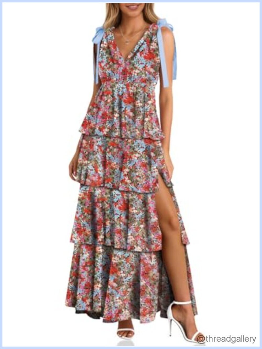 Womens Floral Ruffle Maxi Dress Sleeveless V-Neck Wedding Guest